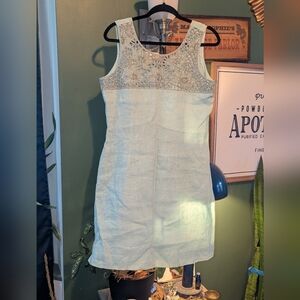 BELLA TU by Gopi Vaid Blue Linen Dress Sz 8 Cut Out Beaded  Sleeveless Lined